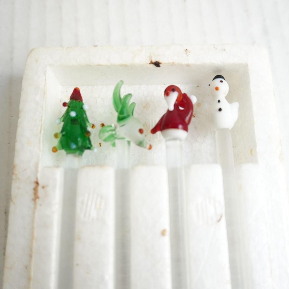 Holiday Glass Stirrers Christmas Tree Santa Snowman Reindeer Drink Swizzle Stick